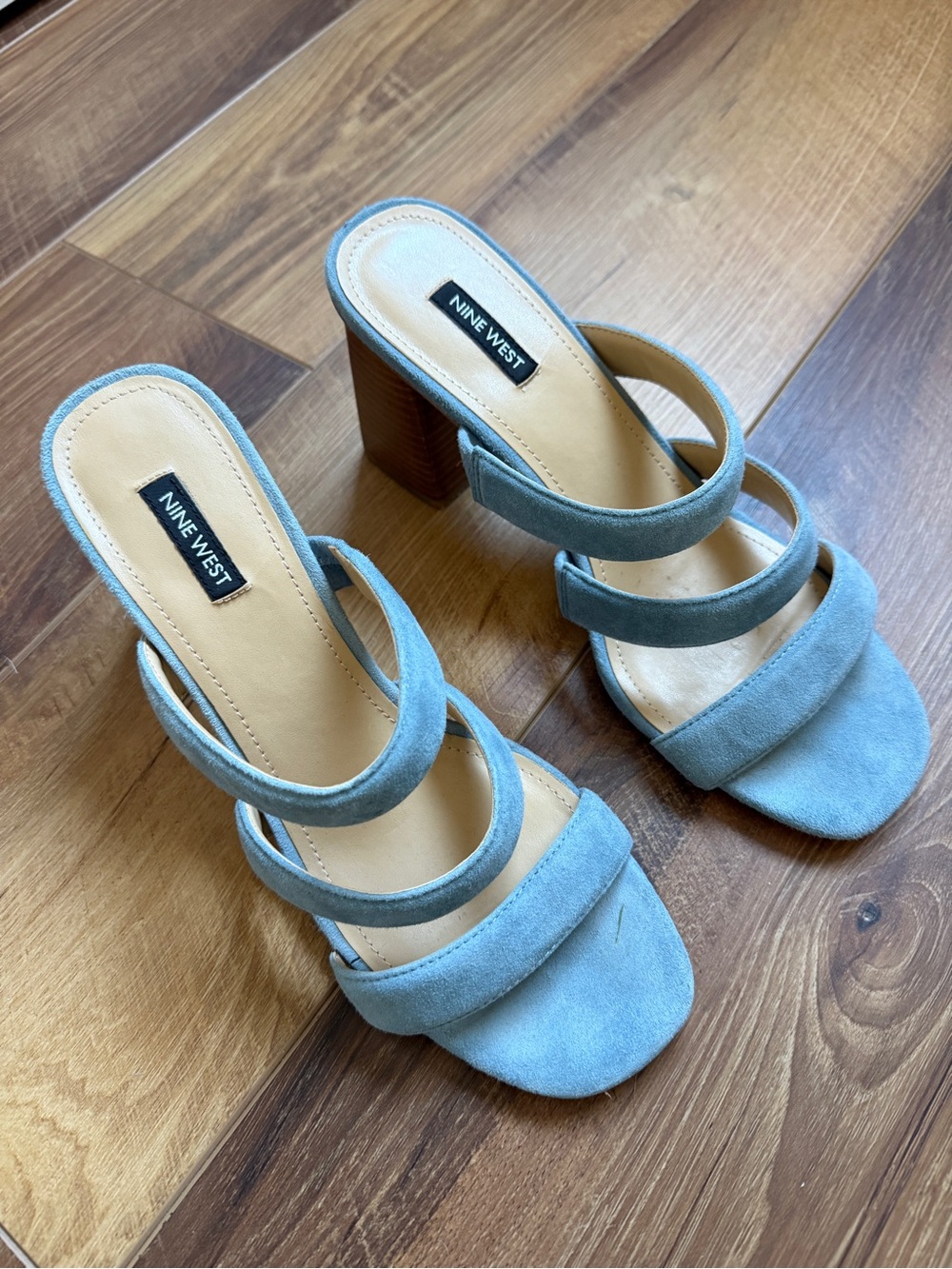 Nine West Powder Blue Suede Triple-Strap Block Heel Sandals